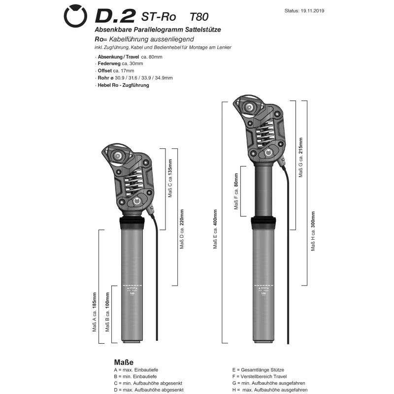 By Schulz By.Schulz Sattelstütze, D.2 ST-Ro T80 DROPPER Kabel AUSSEN 31.6 X 190mm Hub:30mm MEDIUM 60-90 Kg 3 By Schulz By.Schulz Sattelstütze, D.2 ST-Ro T80 DROPPER Kabel AUSSEN 31.6 X 190mm Hub:30mm MEDIUM 60-90 Kg